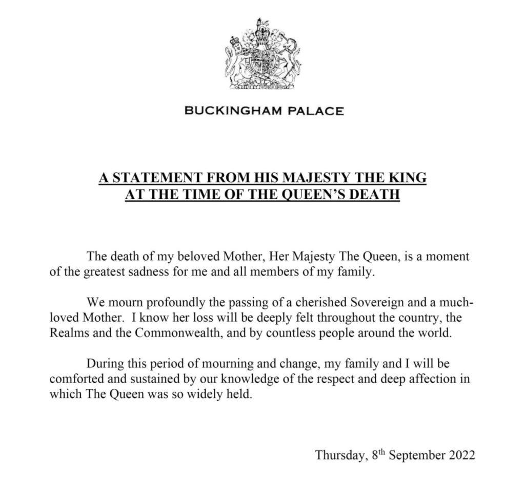 King Charles' statement (8th September 2022)
