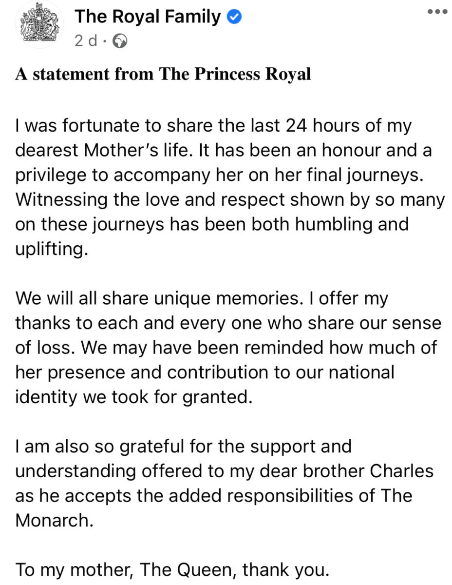 Statement from Princess Anne, The Princess Royal.