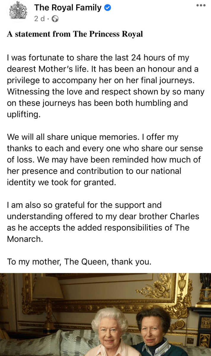 Statement from Princess Anne, The Princess Royal.