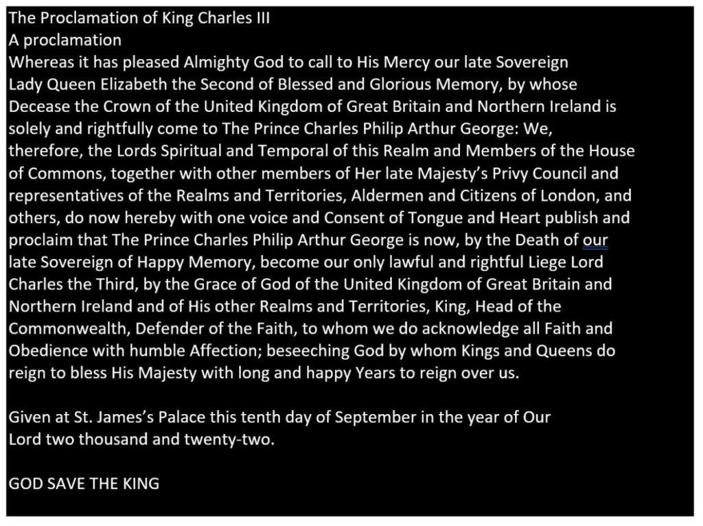 The Proclamation of King Charles III (9th September 2022)
