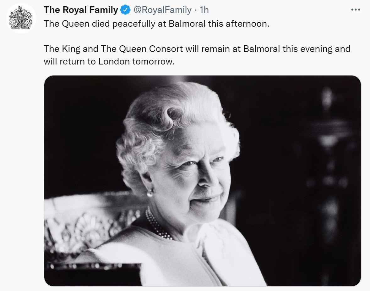 The death of Queen Elizabeth II is announced at 6.30pm 8th September 2022