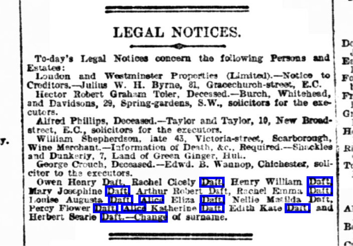 notice of surname change - Daily Telegraph Dec 6th 1899
